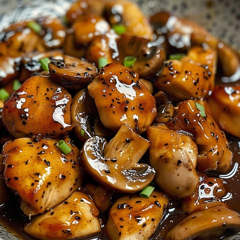 A delicious dish of black pepper chicken mushrooms, cooked to perfection and ready to be enjoyed.