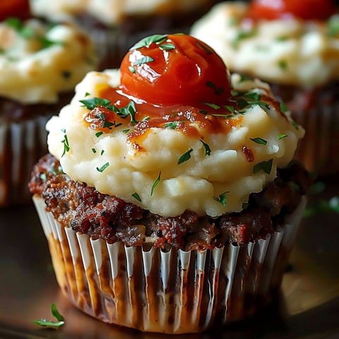 A cupcake with meatloaf and potato frosting.