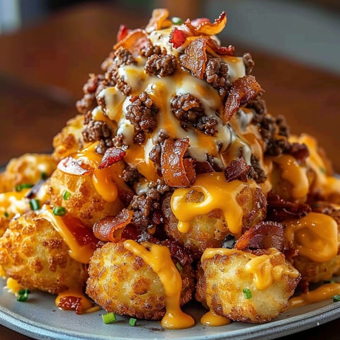 A plate of Bacon Cheeseburger Tater Tot Cones, topped with cheese and bacon, is presented on a table.