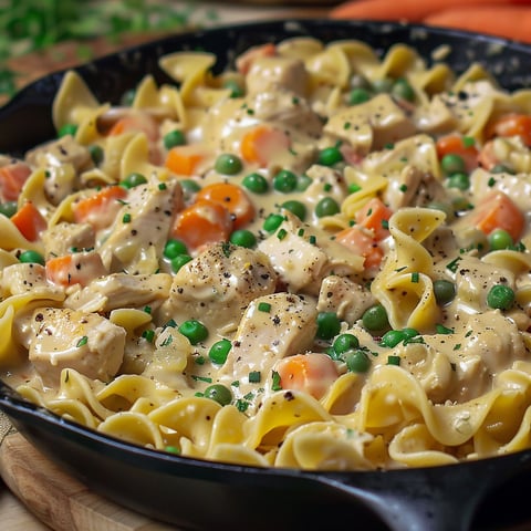 A delicious creamy chicken pot pie pasta dish, filled with chicken, peas, carrots, and pasta, all cooked together in a pan.