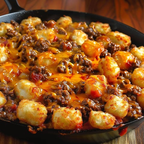 A delicious Tater Tot Sloppy Joe Skillet is cooked in a skillet, ready to be served.