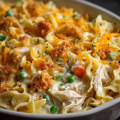 A delicious casserole dish filled with noodles, chicken, peas, and cheese.