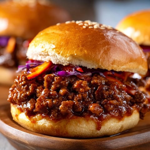A delicious Dr. Pepper BBQ Sloppy Joes sandwich is served on a wooden platter.