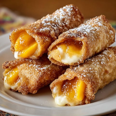 A plate of Sweet Stuffed Egg Rolls with a white plate and a brown table.