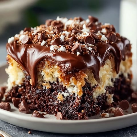 A slice of German Chocolate Poke Cake Delight is drizzled with chocolate sauce and topped with chocolate chips.