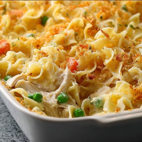 A dish of chicken noodle casserole with a close up of the pasta.