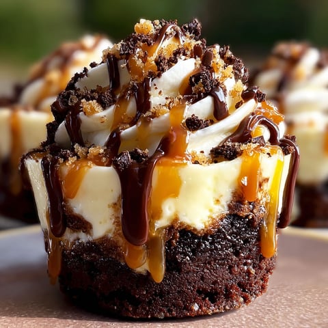 A delicious Loaded Brownie Cheesecake Cup with a drizzle of caramel sauce.