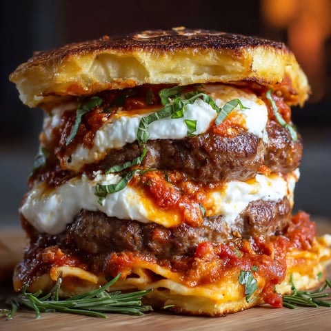 A stack of lasagna burgers with cheese and tomato sauce.