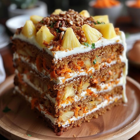 A large slice of Hawaiian carrot pineapple cake on a wooden platter.