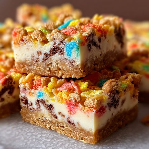 A close up of a delicious Fruity Pebbles Cookie Cheesecake Bar.