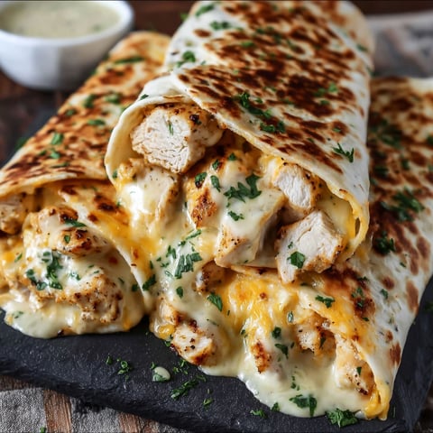 A delicious Cheesy Chicken Garlic Wrap is served on a black plate.
