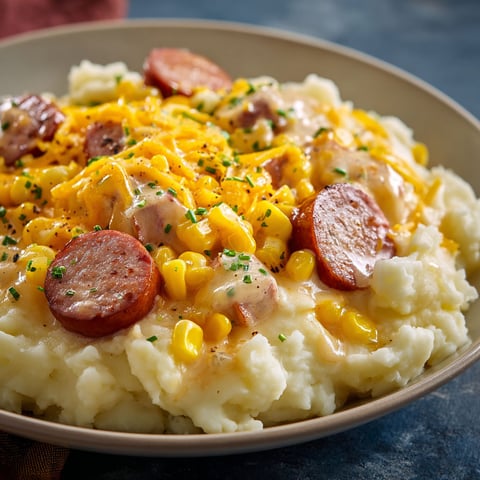 A delicious meal of sausages, mashed potatoes, and buttered corn.
