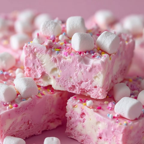 A close up of a pink dessert with marshmallows and sprinkles on top.