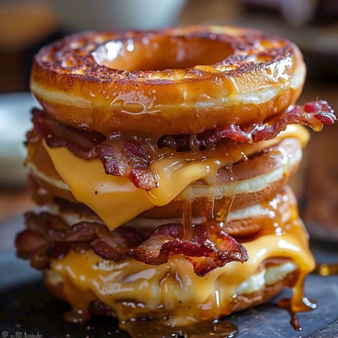 A stack of three grilled cheese sandwiches with bacon on top.