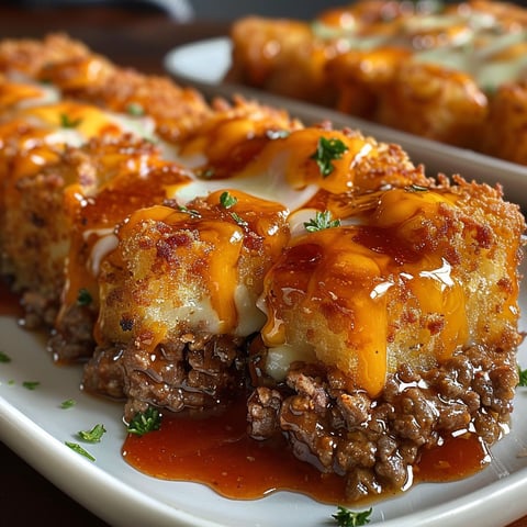 A delicious Cheesy Meatloaf Tater Tot is served on a white plate.