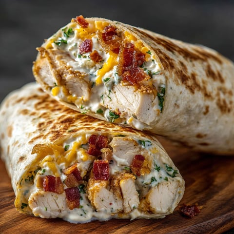 A delicious Crunchy Bacon Chicken Ranch Wrap is served on a wooden platter.