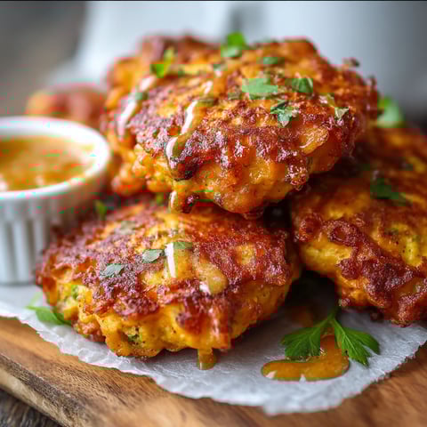 A plate of Easy Cheesy Chicken Fritters, served with a dipping sauce.