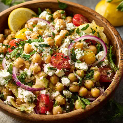 A bowl of Lemony Chickpea Feta Salad is displayed on a table.