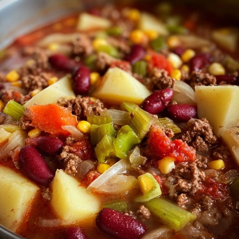 A close up of a delicious Shipwreck Stew Ground Beef, filled with a variety of vegetables and beans.