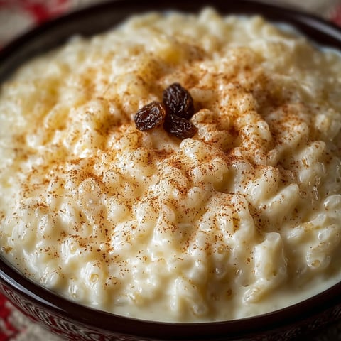 A bowl of rice pudding with raisins on top.