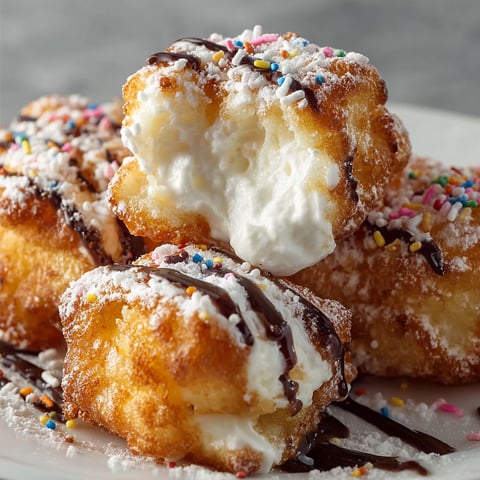 A plate of deep fried marshmallows covered in chocolate and sprinkles.