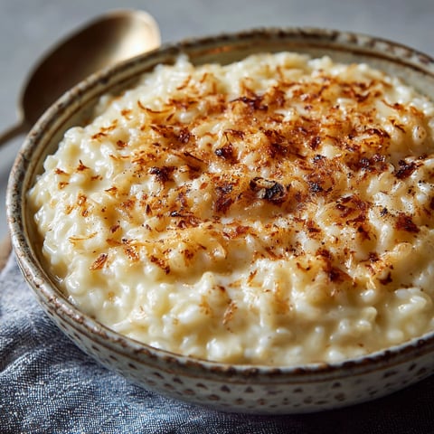 A bowl of rice pudding with a spoon in it.