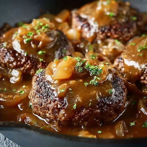 A delicious meal of smothered hamburger steaks in a savory sauce.