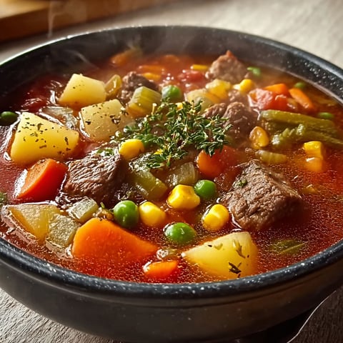 A bowl of hearty vegetable beef soup filled with various vegetables and meat.
