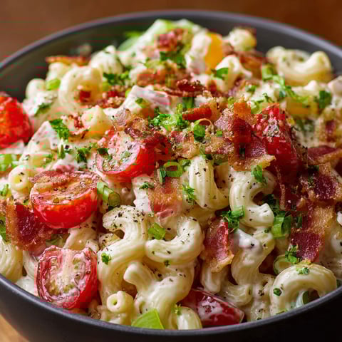 A bowl of BLT Macaroni Salad, topped with bacon, tomatoes, and cheese.