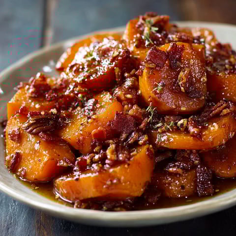 A plate of candied yams with bacon on top.