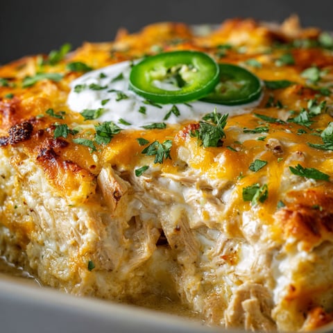 A delicious Sour Cream Enchilada Casserole is presented on a plate, topped with green peppers and white onions.