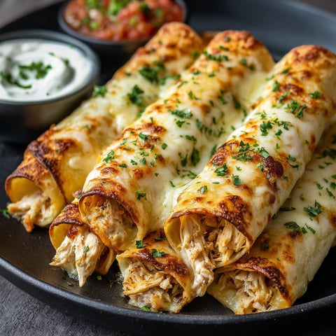 A plate of baked cream cheese chicken taquitos with a side of salsa.
