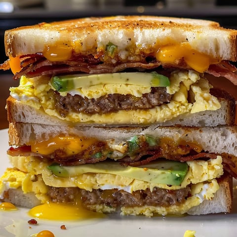 A delicious breakfast club sandwich with eggs, bacon, and avocado.