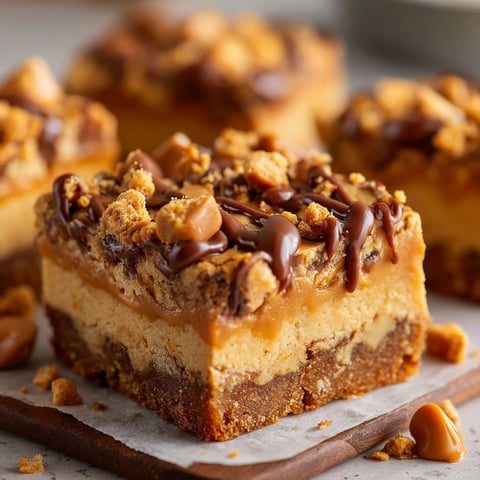 A slice of Peanut Butter Cheesecake with chocolate drizzle on a wooden cutting board.