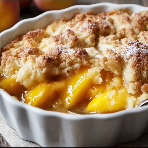 A white bowl filled with a delicious peach cobbler dessert.