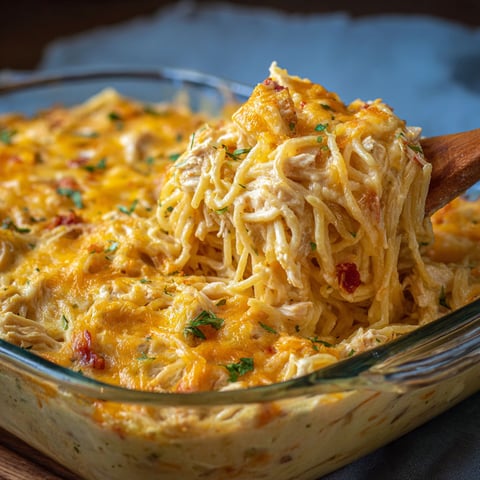 A close up of a spicy cheesy chicken casserole with a wooden table in the background.