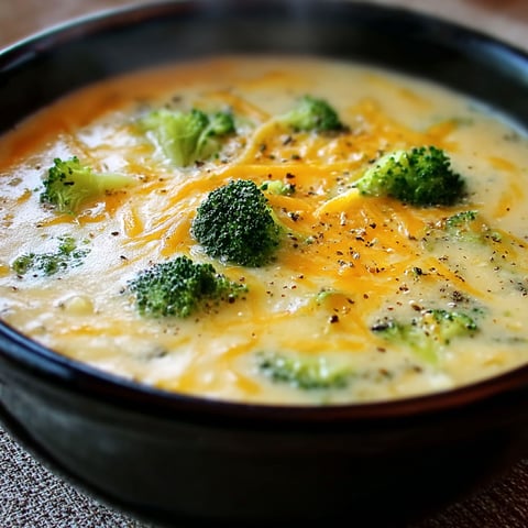 A bowl of soup filled with broccoli and cheese.