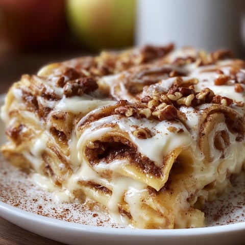 A delicious dessert made with cinnamon rolls, apples, and lasagna noodles.