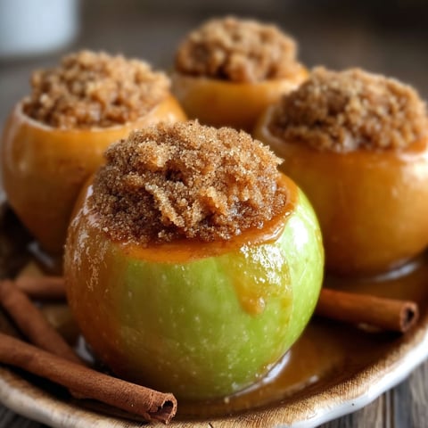 A plate of baked apples with a caramel sauce and cinnamon topping.