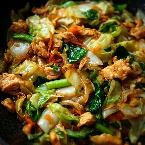 A delicious Chicken Cabbage Stir-Fry, cooked to perfection in a wok.