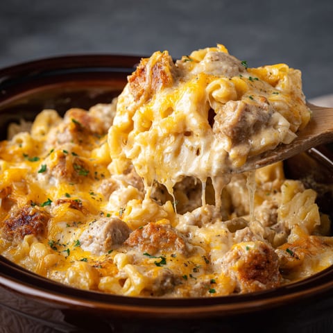 A delicious crockpot cheesy chicken sausage casserole is being served in a bowl.
