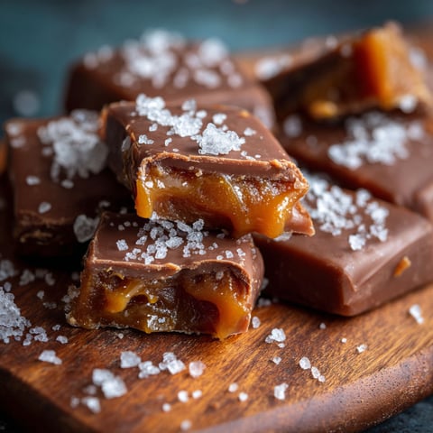 A wooden cutting board with a few pieces of caramel candy on it.