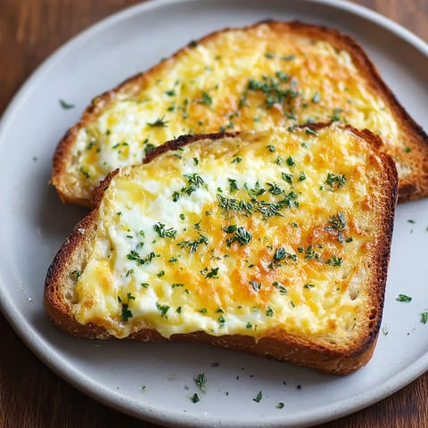 Two pieces of toast with cheese and egg on top, served on a plate.