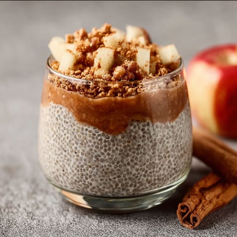A glass of chia pudding with apple crumble toppings.