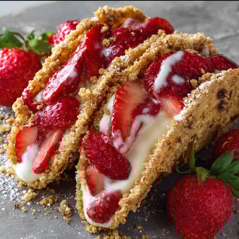A delicious dessert made with strawberries and crunchy cheesecake, served on a plate with a few strawberries on top.