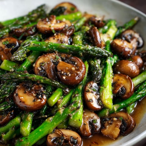 A dish of sautéed asparagus and mushrooms, seasoned with black pepper and garlic, served in a bowl.