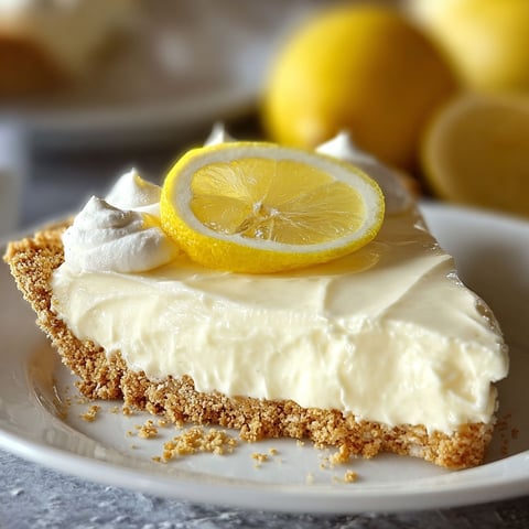 A slice of a cream cheese lemonade pie with a lemon wedge on top.