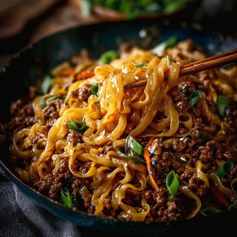 A bowl of Mongolian Ground Beef Noodles Recipe, featuring noodles, beef, and vegetables.