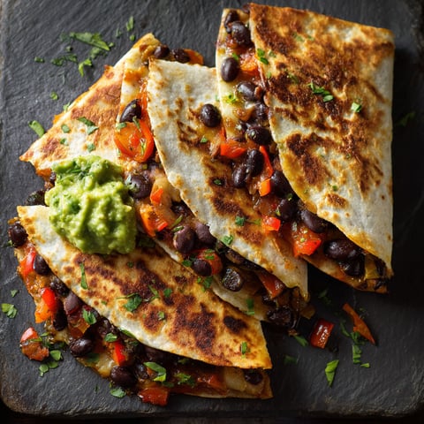 A delicious Black Bean Veggie Quesadilla is served on a plate.