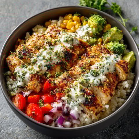 A bowl of chicken and vegetables, including tomatoes and broccoli, with a white sauce on top.